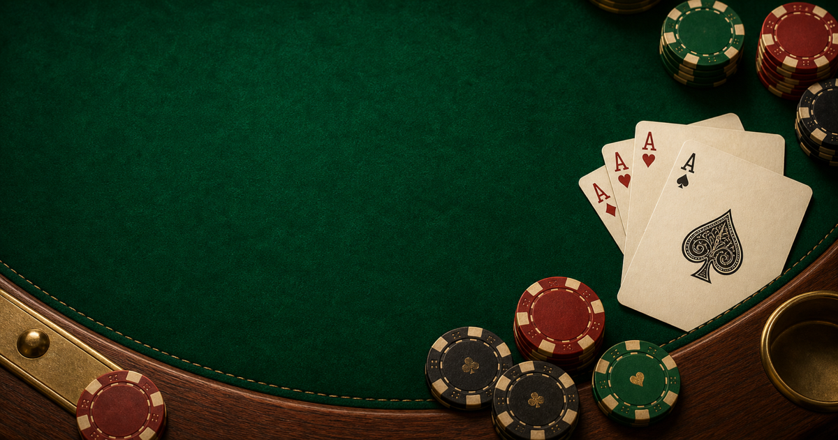 Green felt poker table with cards and chips